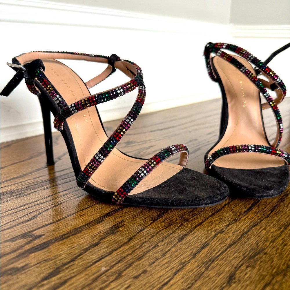 Black Strappy Heels with Multicolor Rhinestones - Size 7.5